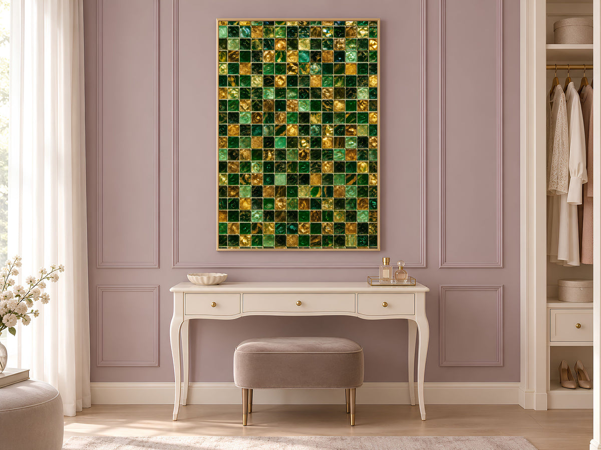 Emerald Mosaic Wall Art, Gold Glass Tile Print - Digital Download