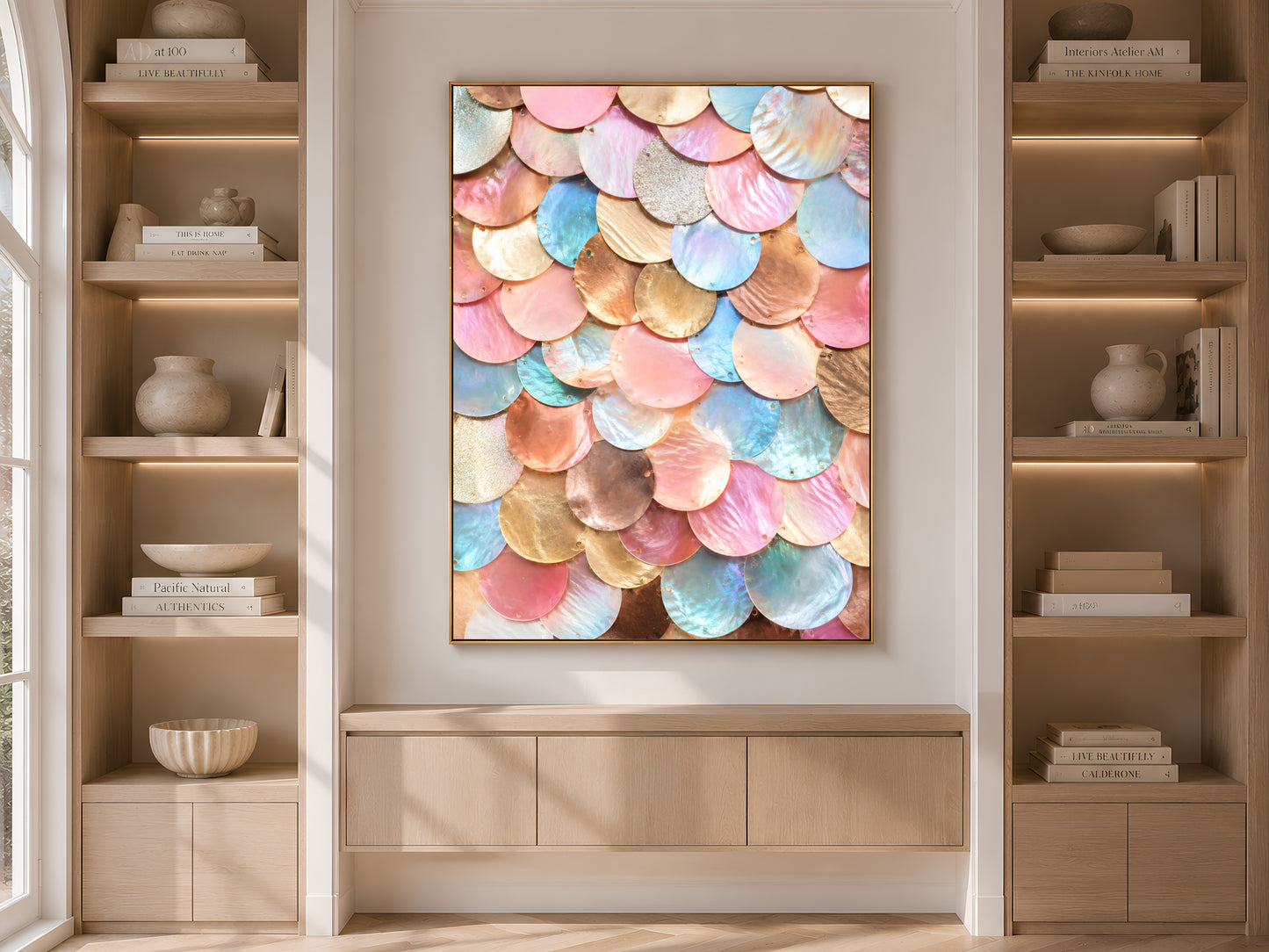 Rose gold and blush mermaid scale wall art framed above a console table between built-in bookshelves