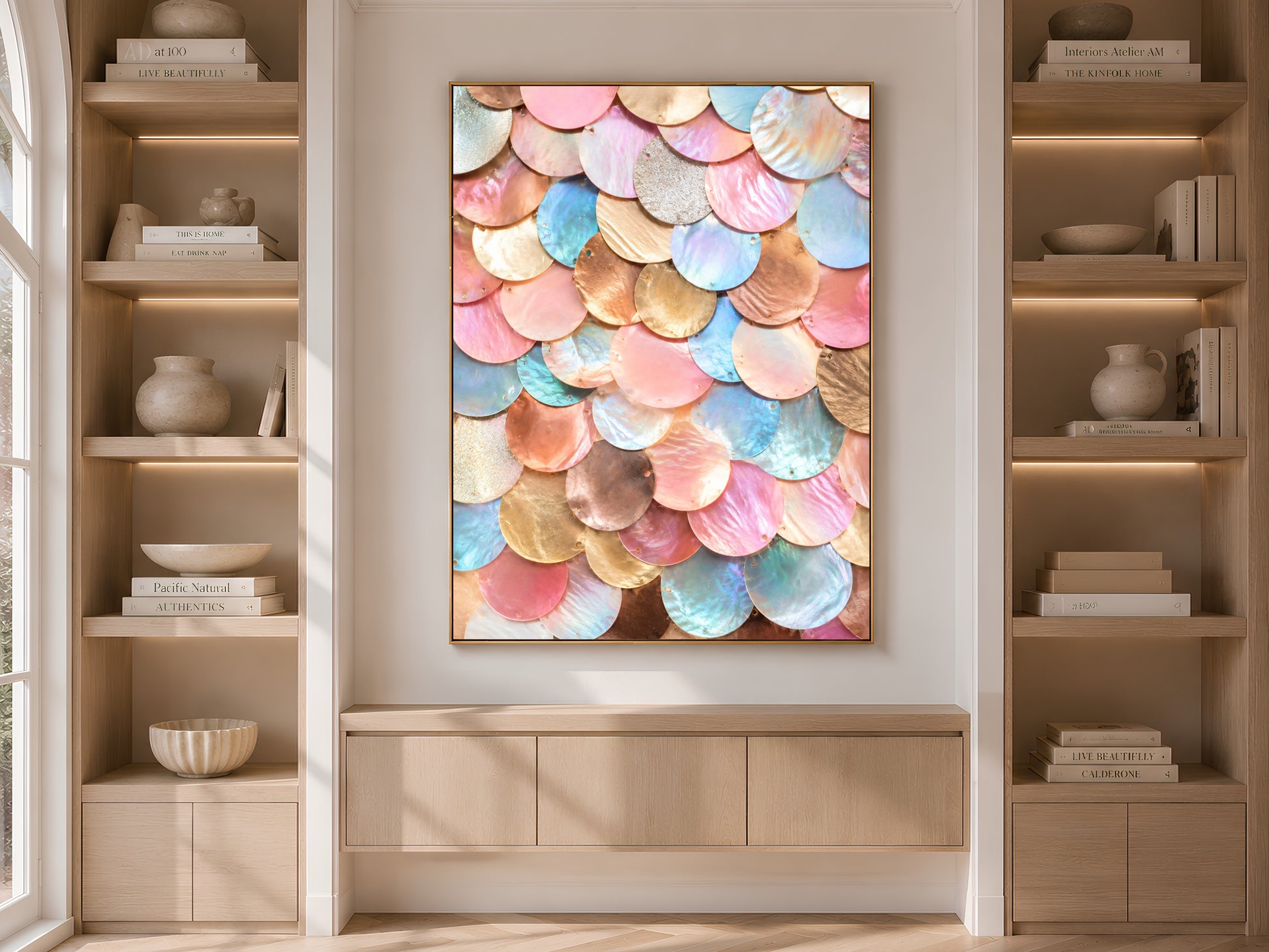 Rose gold and blush mermaid scale wall art framed above a console table between built-in bookshelves