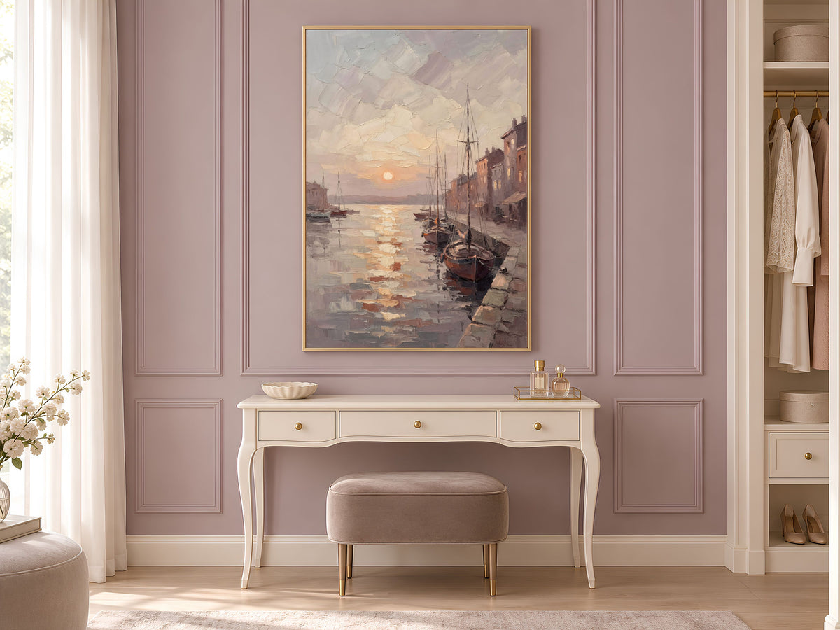 Harbor Sunset Wall Art, Impasto Oil Painting Print - Digital Download