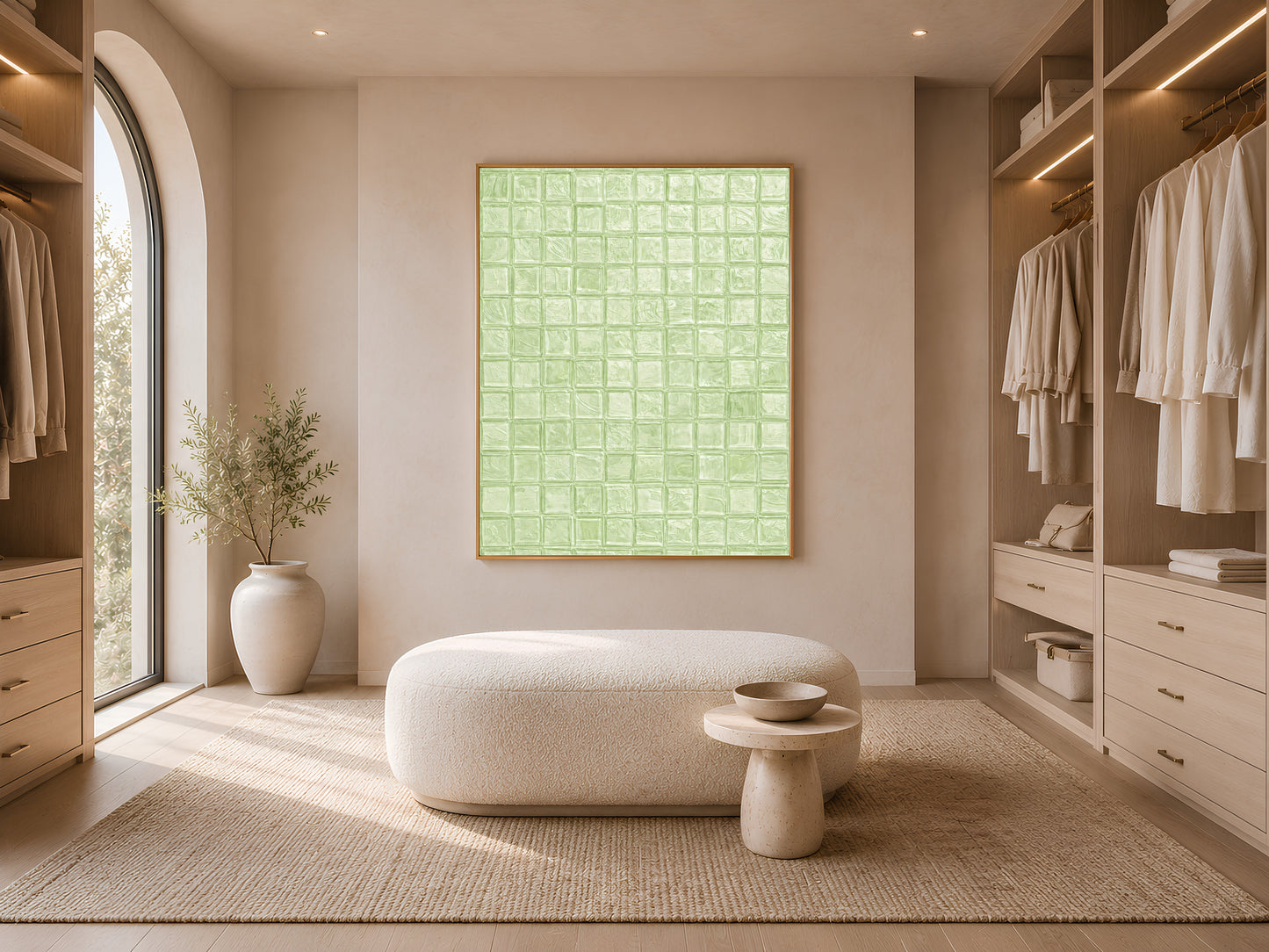 Sage green mosaic tile wall art in a gold frame in a bright walk-in closet with cream boucle ottoman and warm natural light
