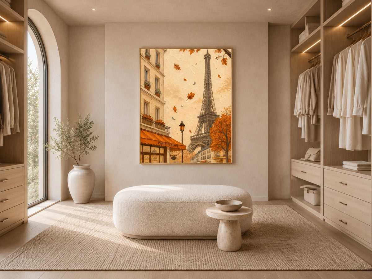 Paris cafe autumn wall art with Eiffel Tower in a neutral dressing room