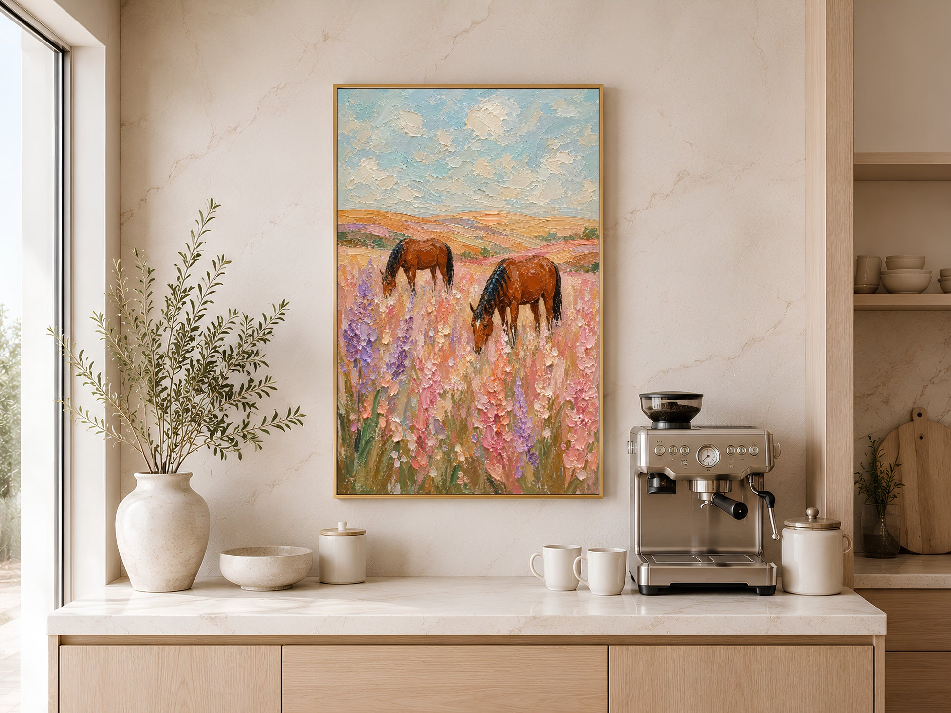 Two chestnut horses grazing in a pink wildflower field impasto painting in a gold frame displayed above a light wood sideboard in a modern kitchen with neutral tones and warm natural light
