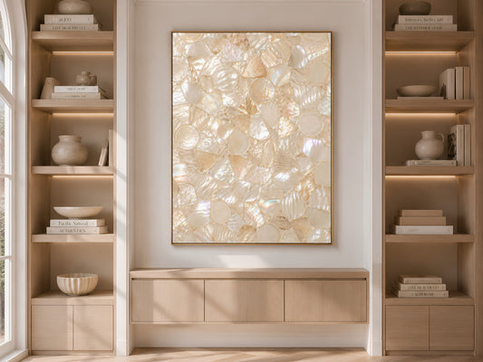 Ivory shell mosaic art framed and displayed on a built-in bookshelf with neutral decor