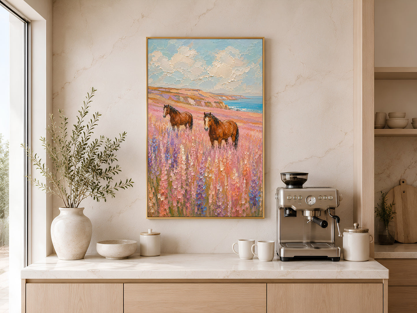 Two chestnut horses in a lavender and pink wildflower coastal meadow impasto painting in a gold frame displayed above a light wood sideboard in a modern kitchen with neutral tones, pendant lights, and warm natural light
