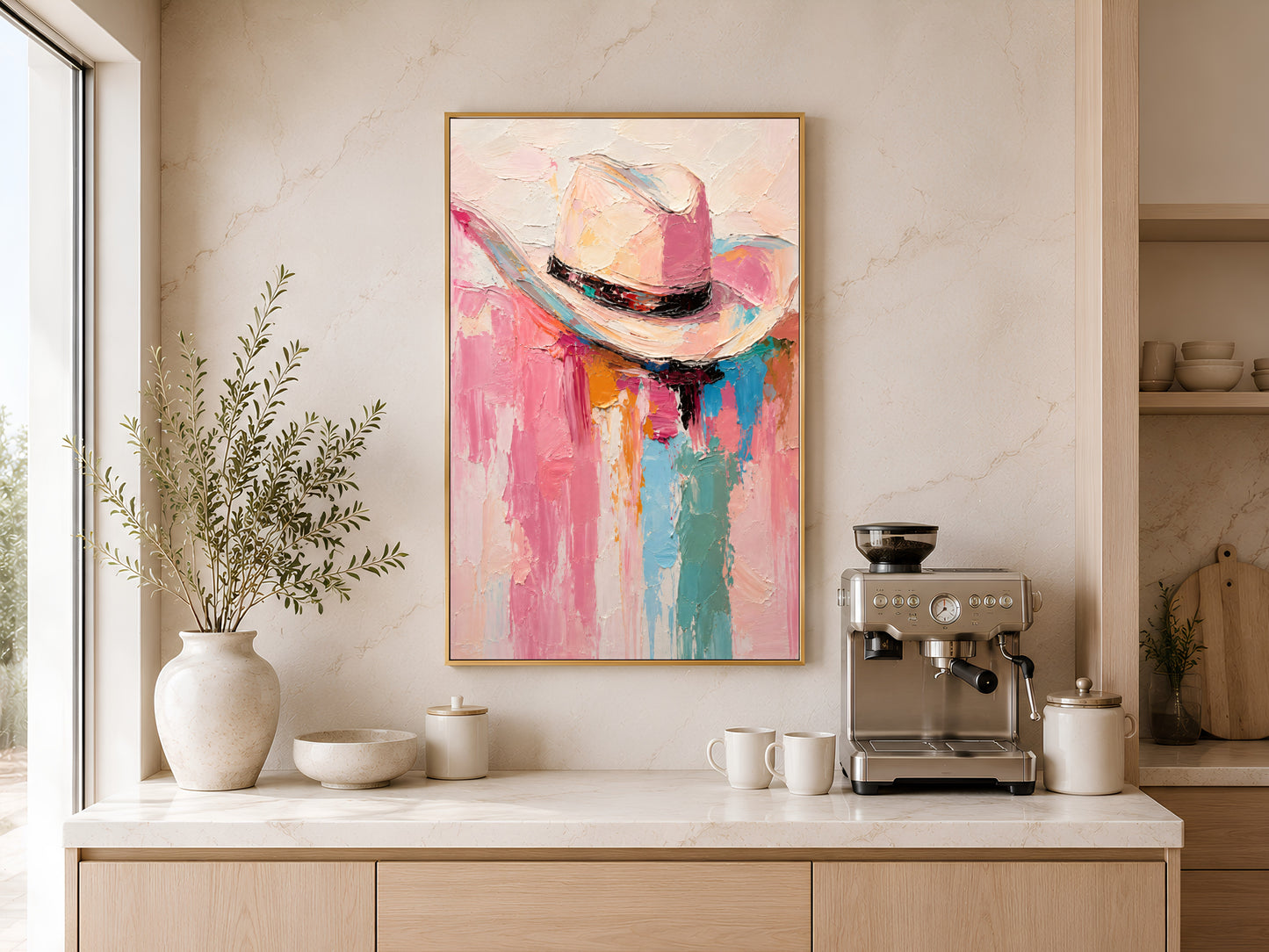 Framed impasto cowgirl hat wall art on warm beige wall in minimal entryway console with white vases and coffee maker
