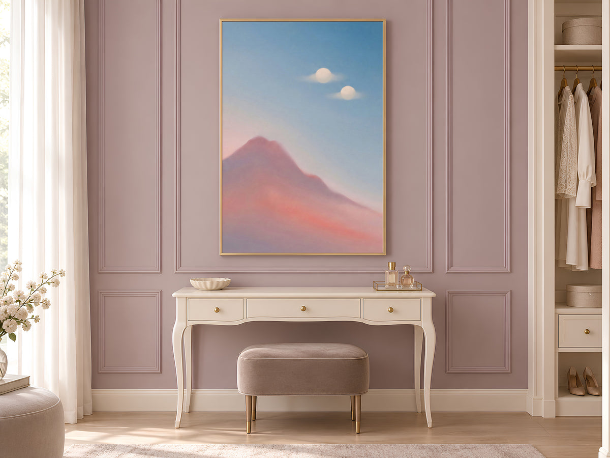 Surreal Mountain Oil Painting, Two Moons Wall Art, Pastel Pink Blue Dreamy Landscape Print, Minimalist Celestial Decor, Instant Download