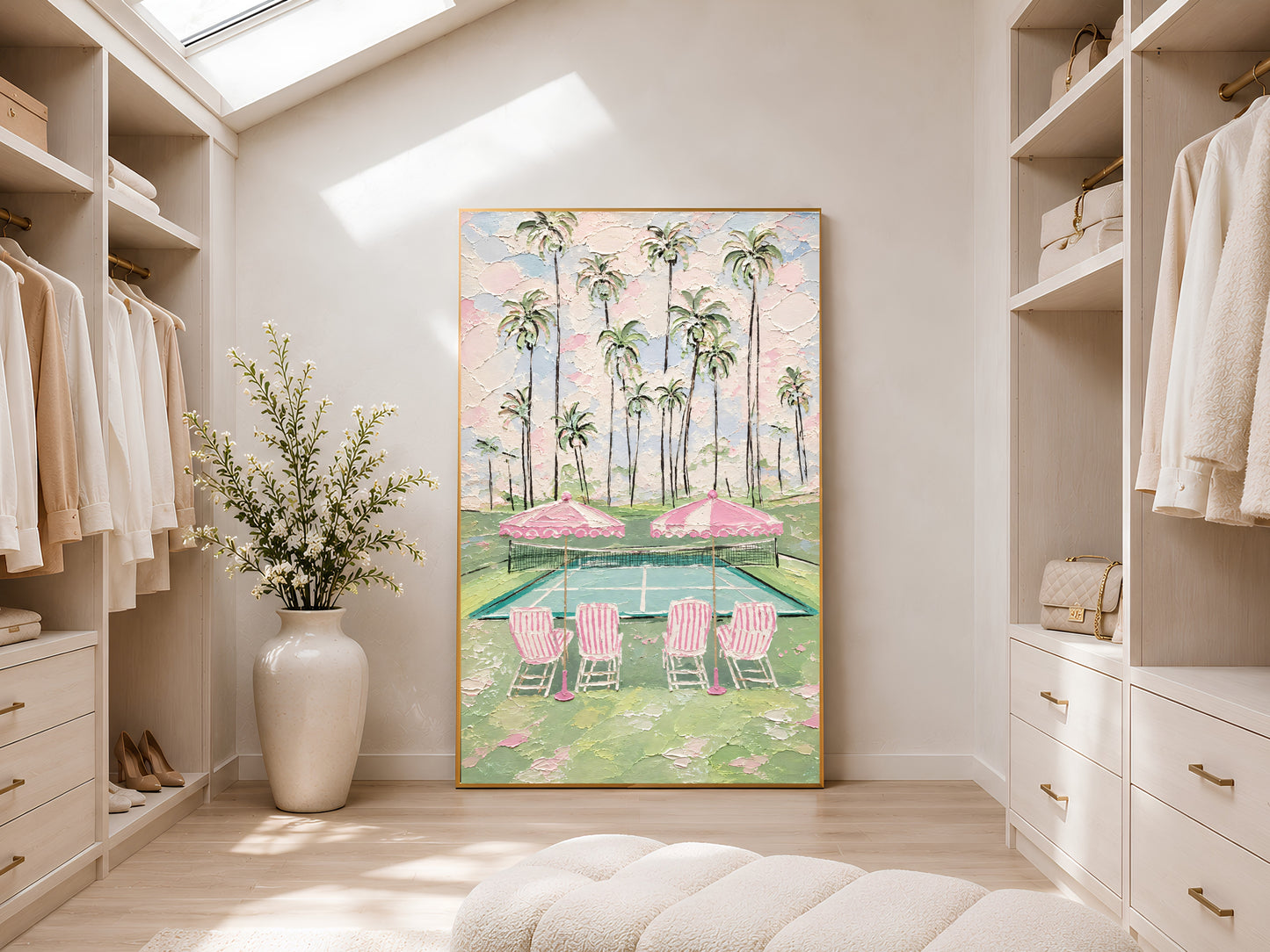 Gold-framed pink tennis court and palm tree impasto print in a bright walk-in wardrobe with neutral shelving, recessed lighting, and a tall potted plant
