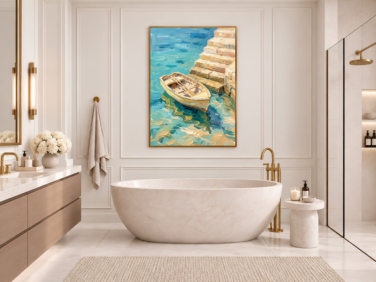 Rowboat Painting Print, Turquoise Sea Boat Art, Textured Coastal Wall Art, Mediterranean Decor, Printable Digital Download
