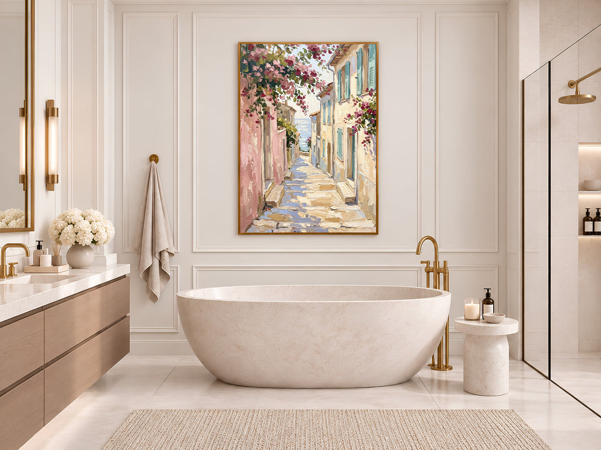Mediterranean Street Painting Print, Pink Bougainvillea Alley with Sea View, Coastal Village Wall Art, Printable Digital Download