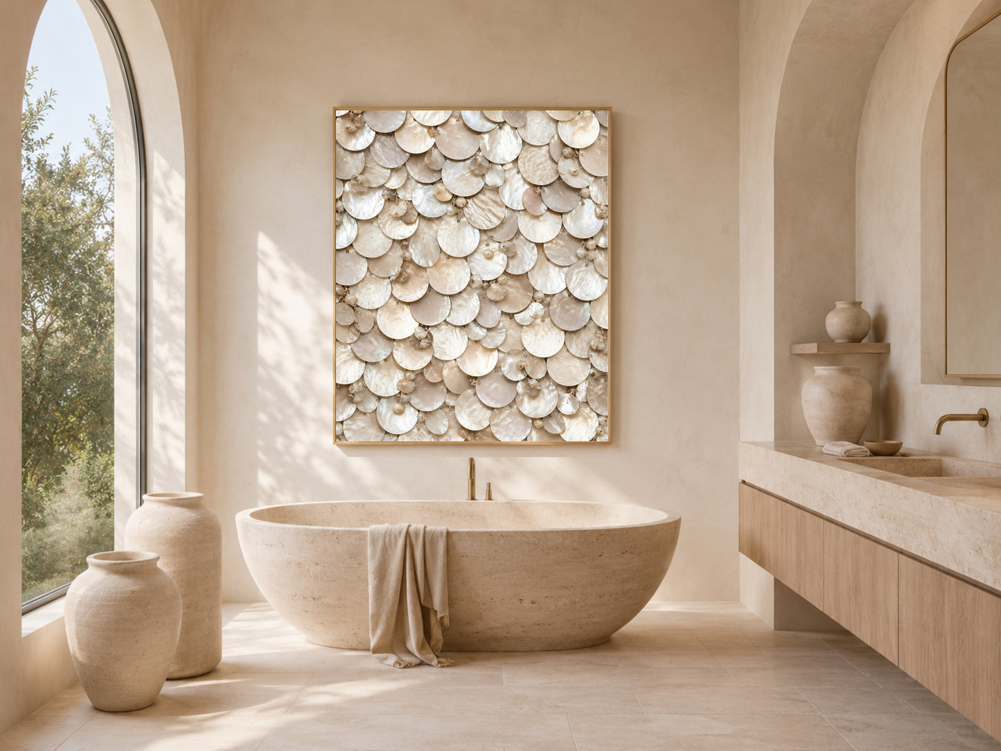 Champagne pearl wall art framed in a spa-style bathroom with soaking tub and arched window