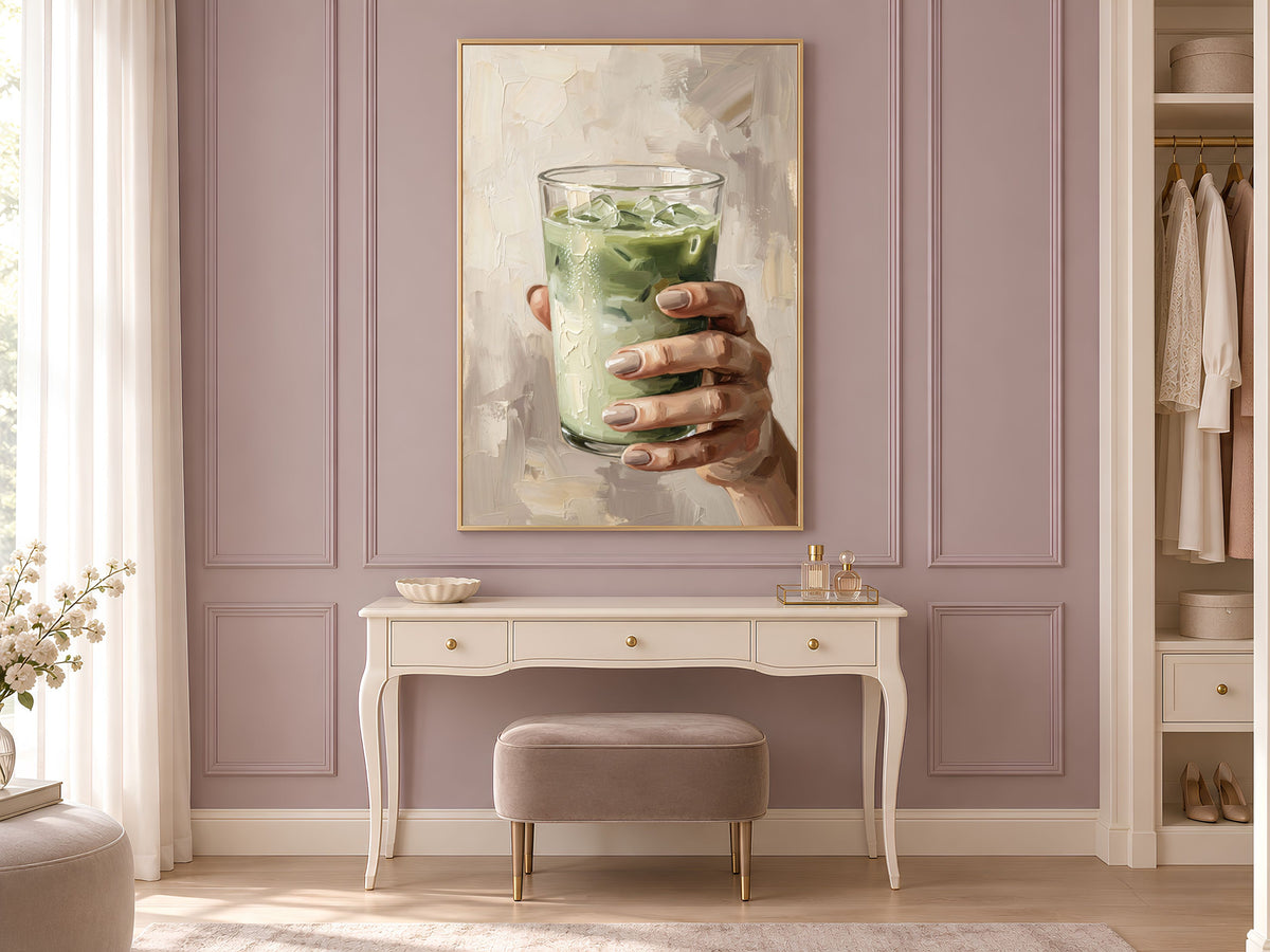 Matcha Latte Wall Art, Impasto Oil Painting Print - Digital Download