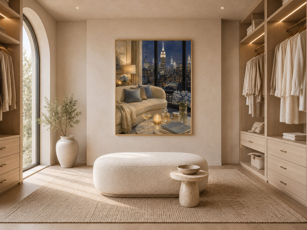 NYC Penthouse View Wall Art, Navy Blue City Skyline Print - Digital Download