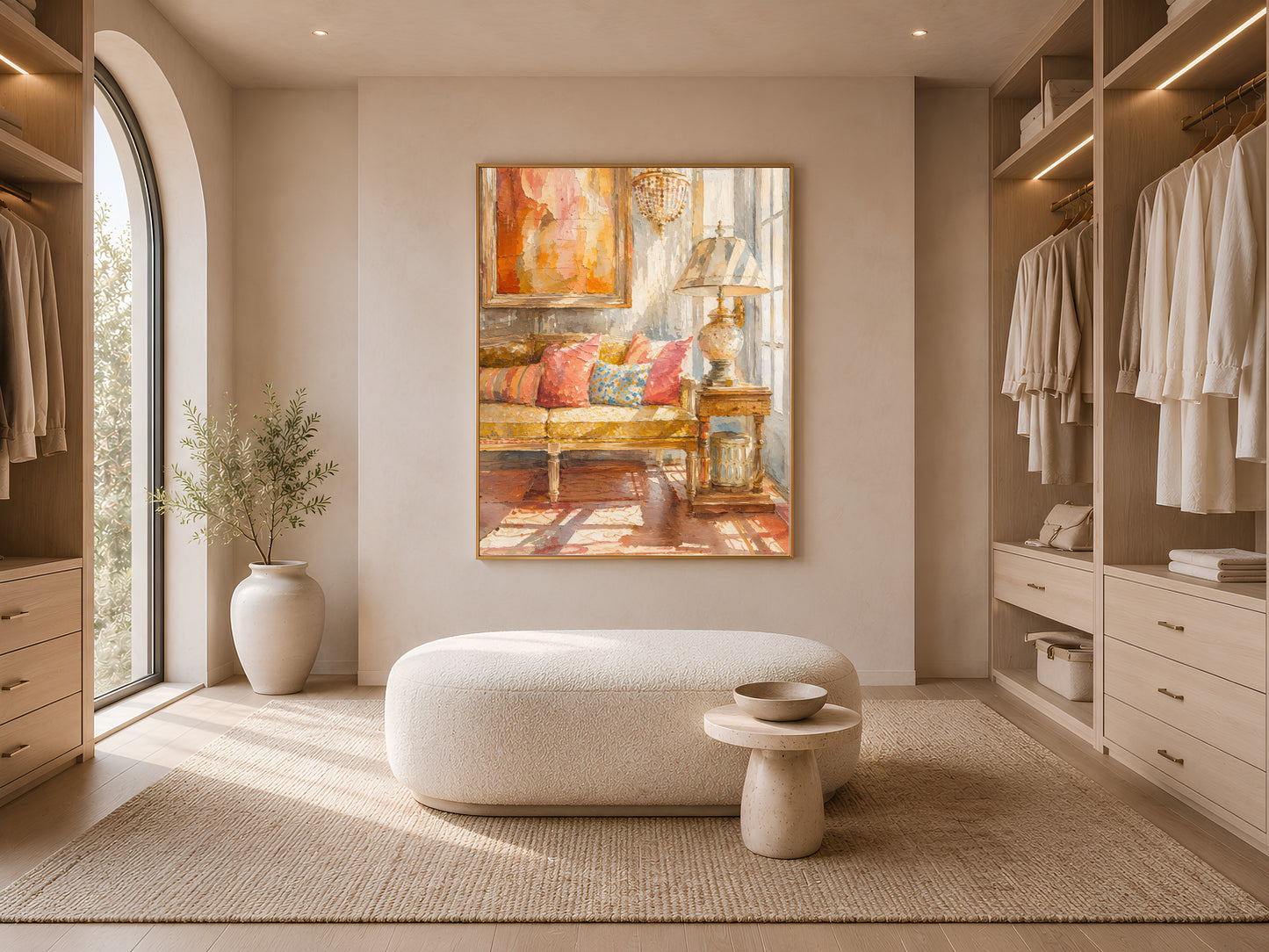 Burnt orange abstract impasto print in a gold frame on a closet wall, warm textured wall art for a neutral walk-in closet

