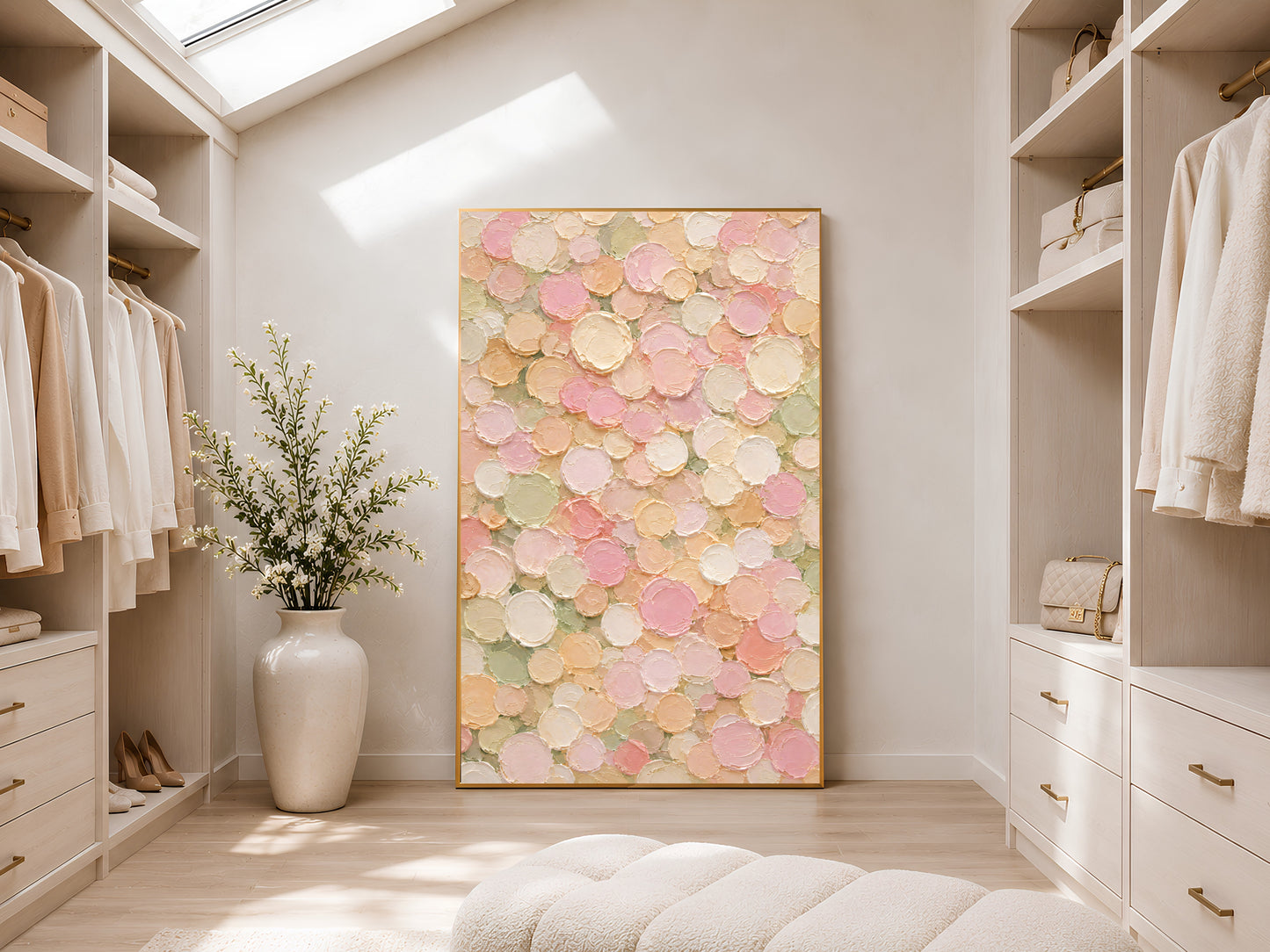 Pastel abstract dots wall art framed and hanging in a bright walk-in closet with skylight.
