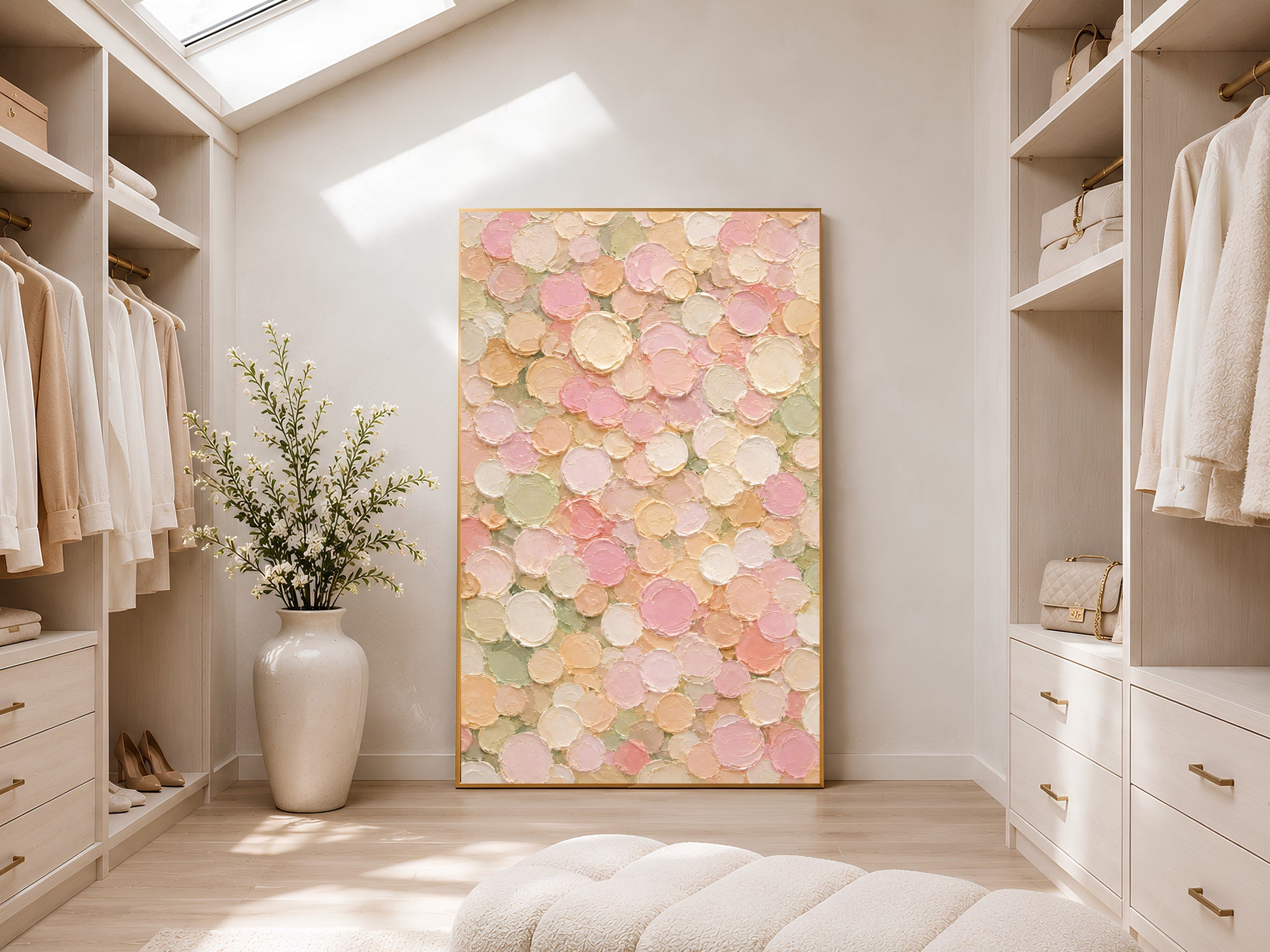Pastel abstract dots wall art framed and hanging in a bright walk-in closet with skylight.
