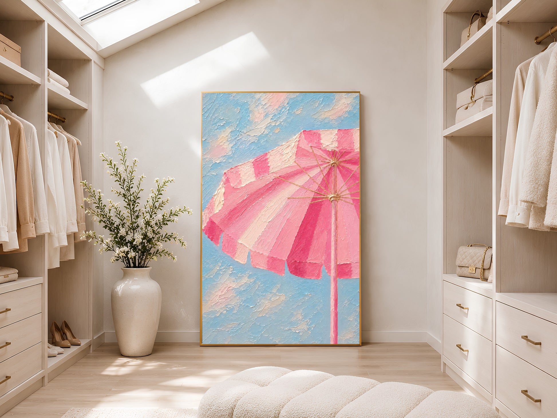 Framed pink striped beach umbrella impasto print displayed in a light-filled walk-in wardrobe with white shelving, tall ceilings and natural light

