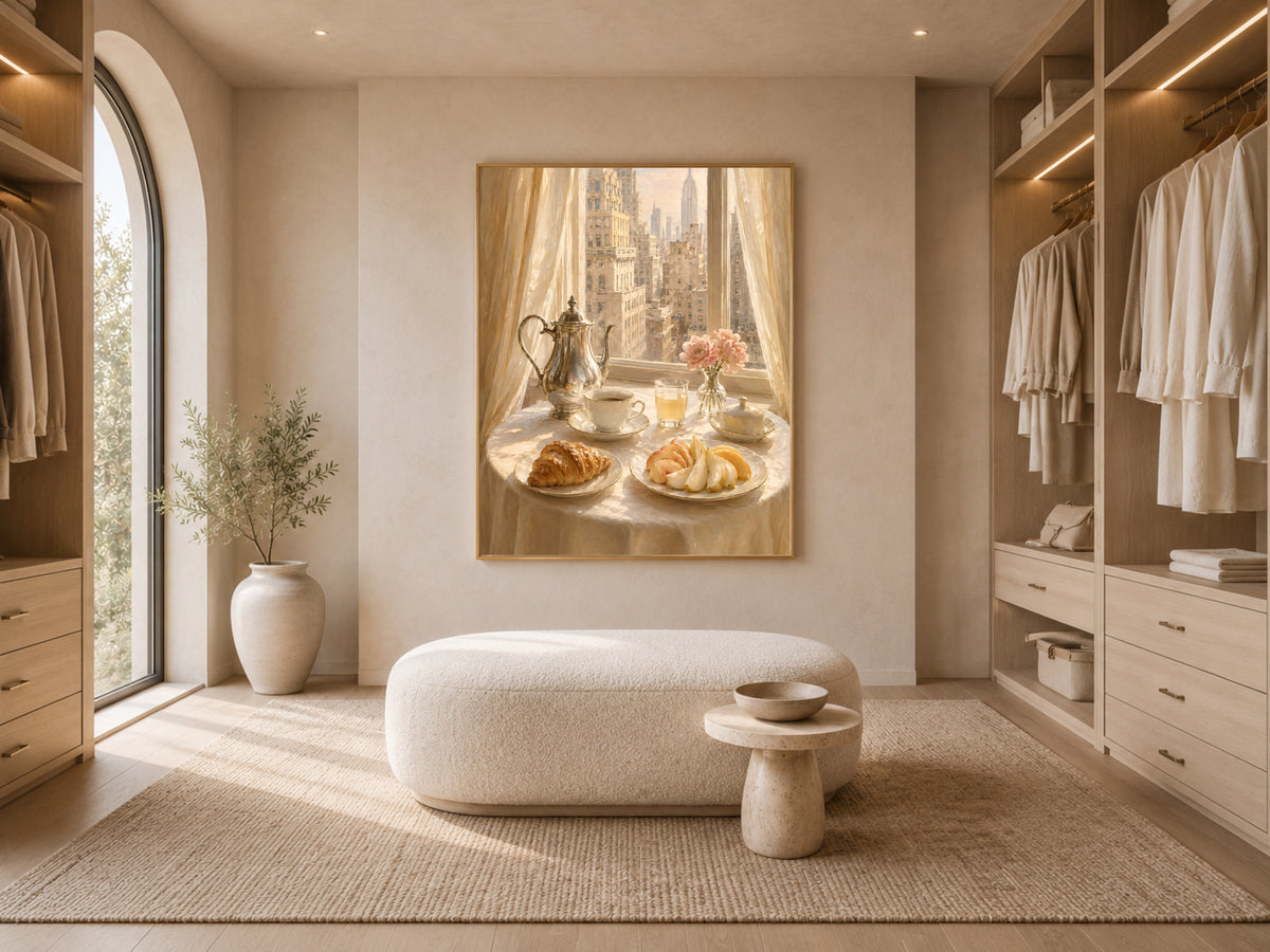 Breakfast Still Life Wall Art, Old Money Aesthetic Print, NYC Skyline Painting - Digital Download