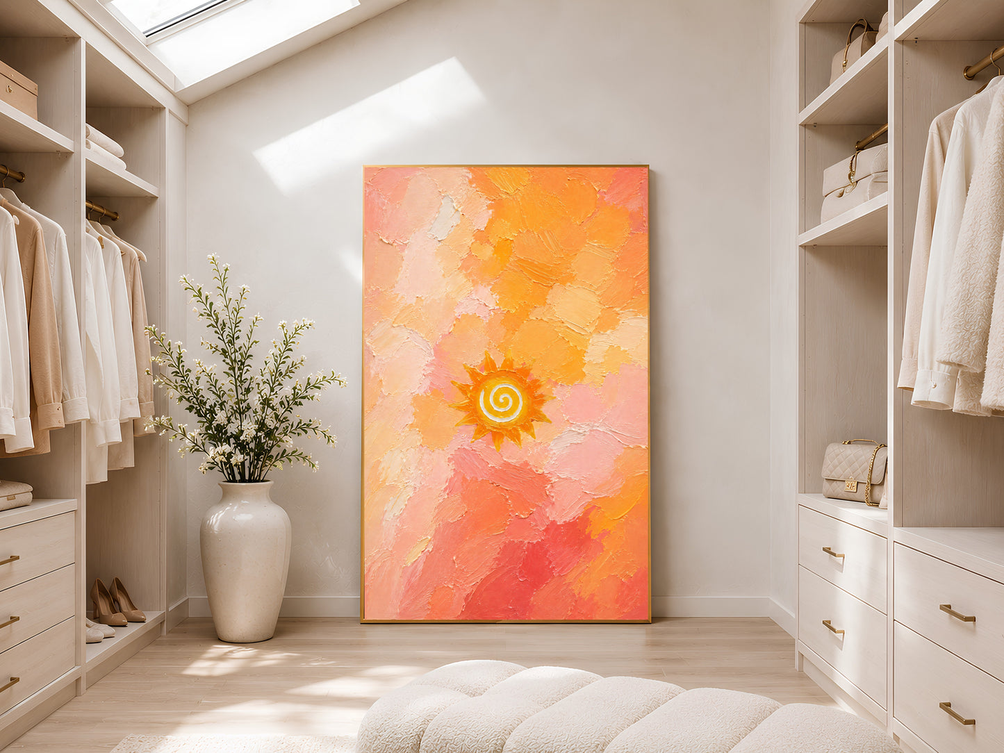 Boho sun spiral printable art framed and hanging in a bright walk-in closet with skylight.

