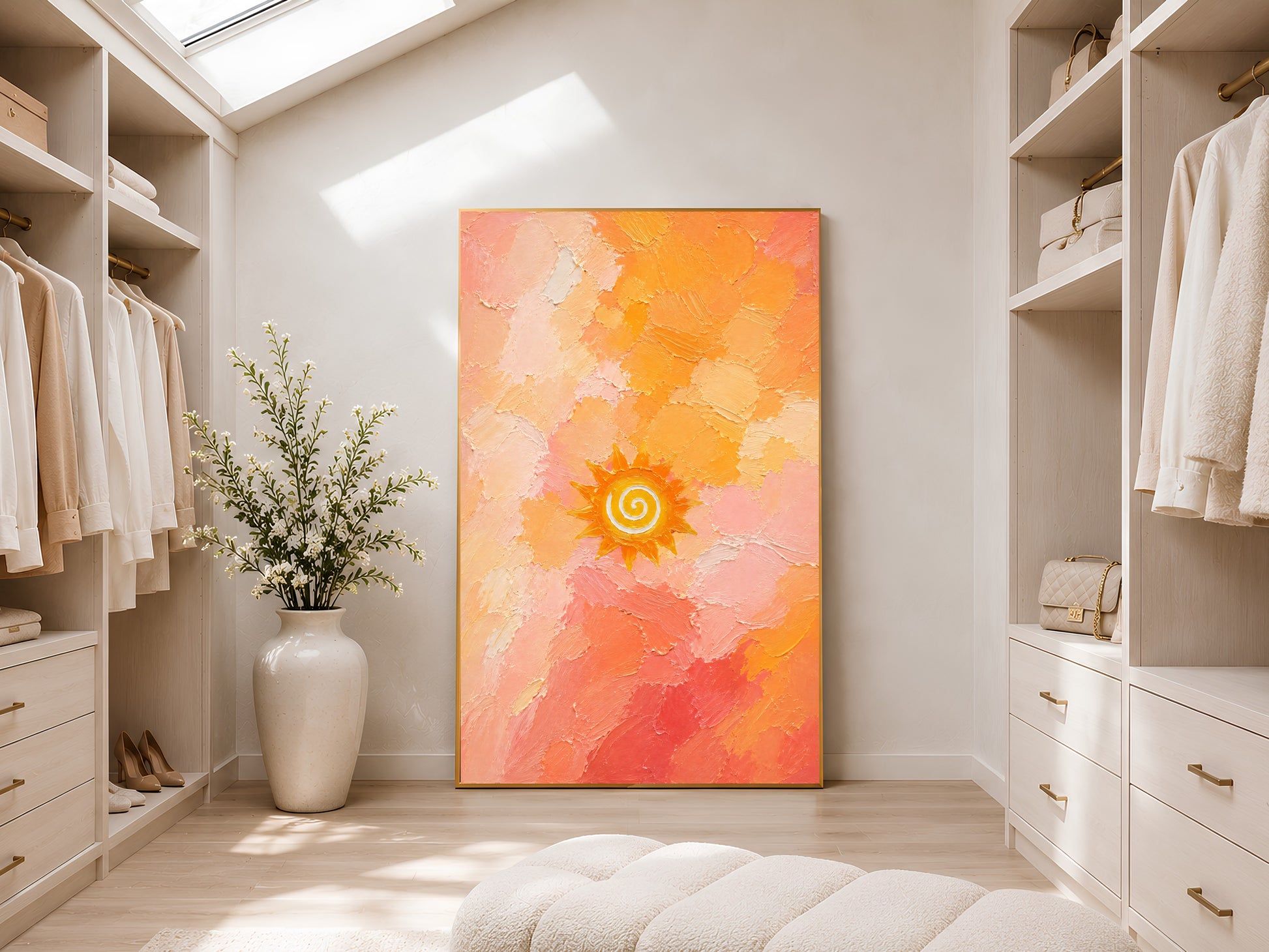 Boho sun spiral printable art framed and hanging in a bright walk-in closet with skylight.
