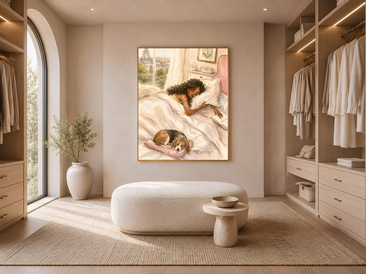 Framed Paris bedroom print displayed in a walk-in closet with open shelving