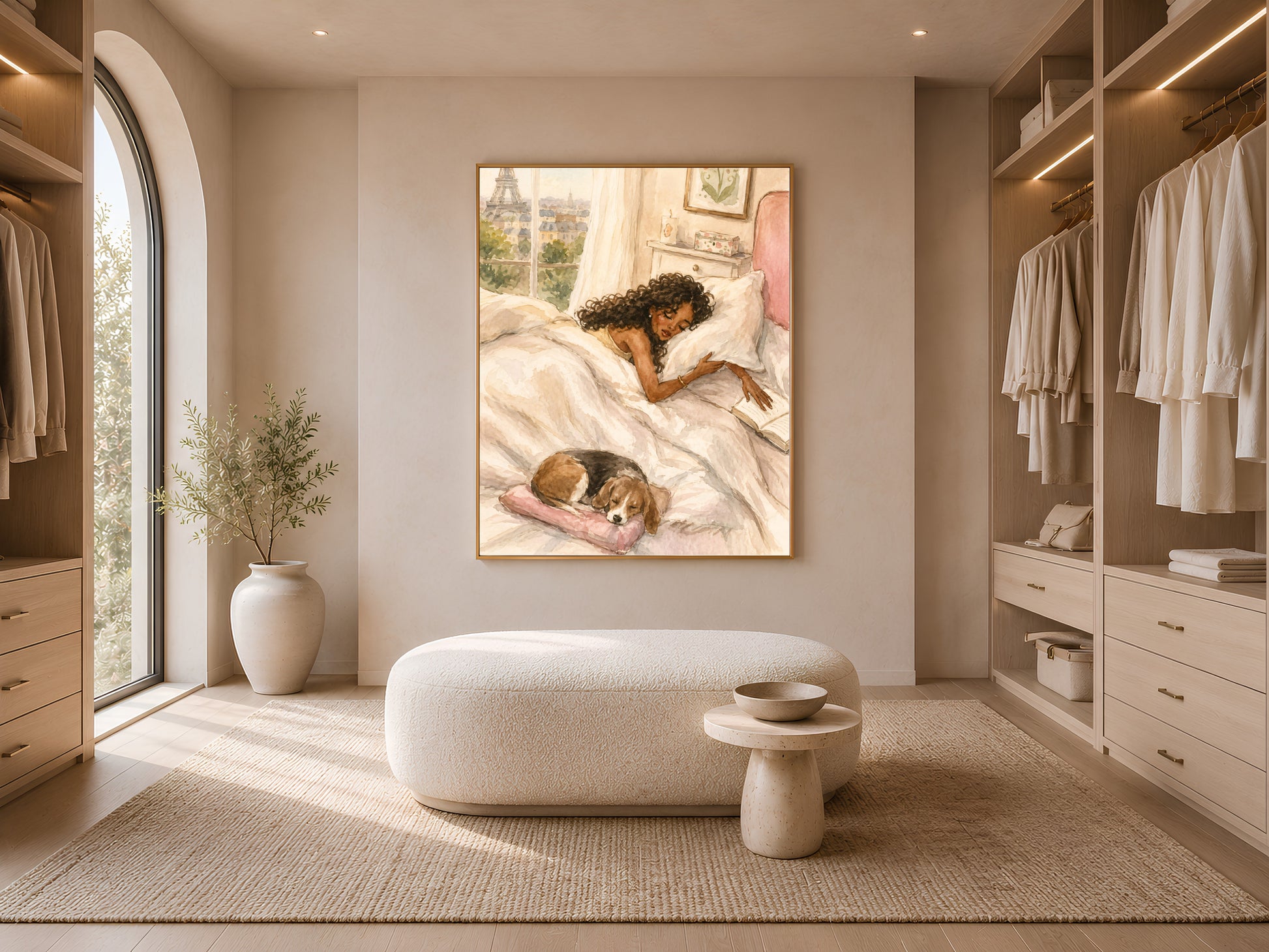 Framed Paris bedroom print displayed in a walk-in closet with open shelving
