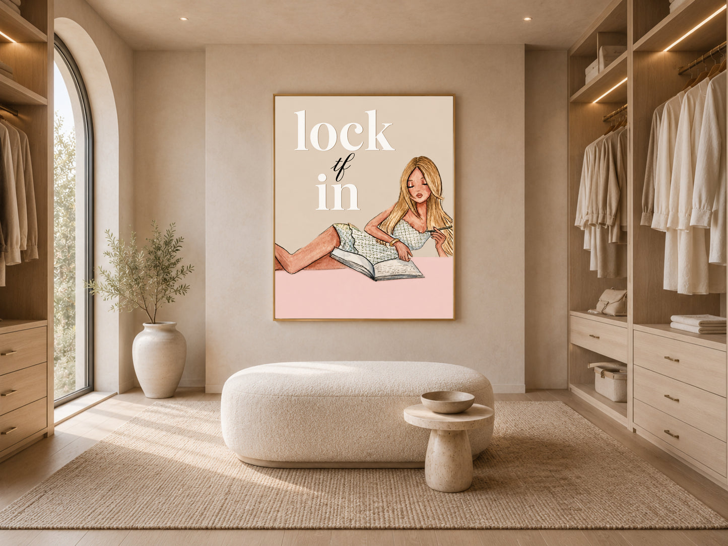 Lock TF In wall art displayed in a walk-in closet with arched shelving, funny motivational girl journaling print for dressing room decor
