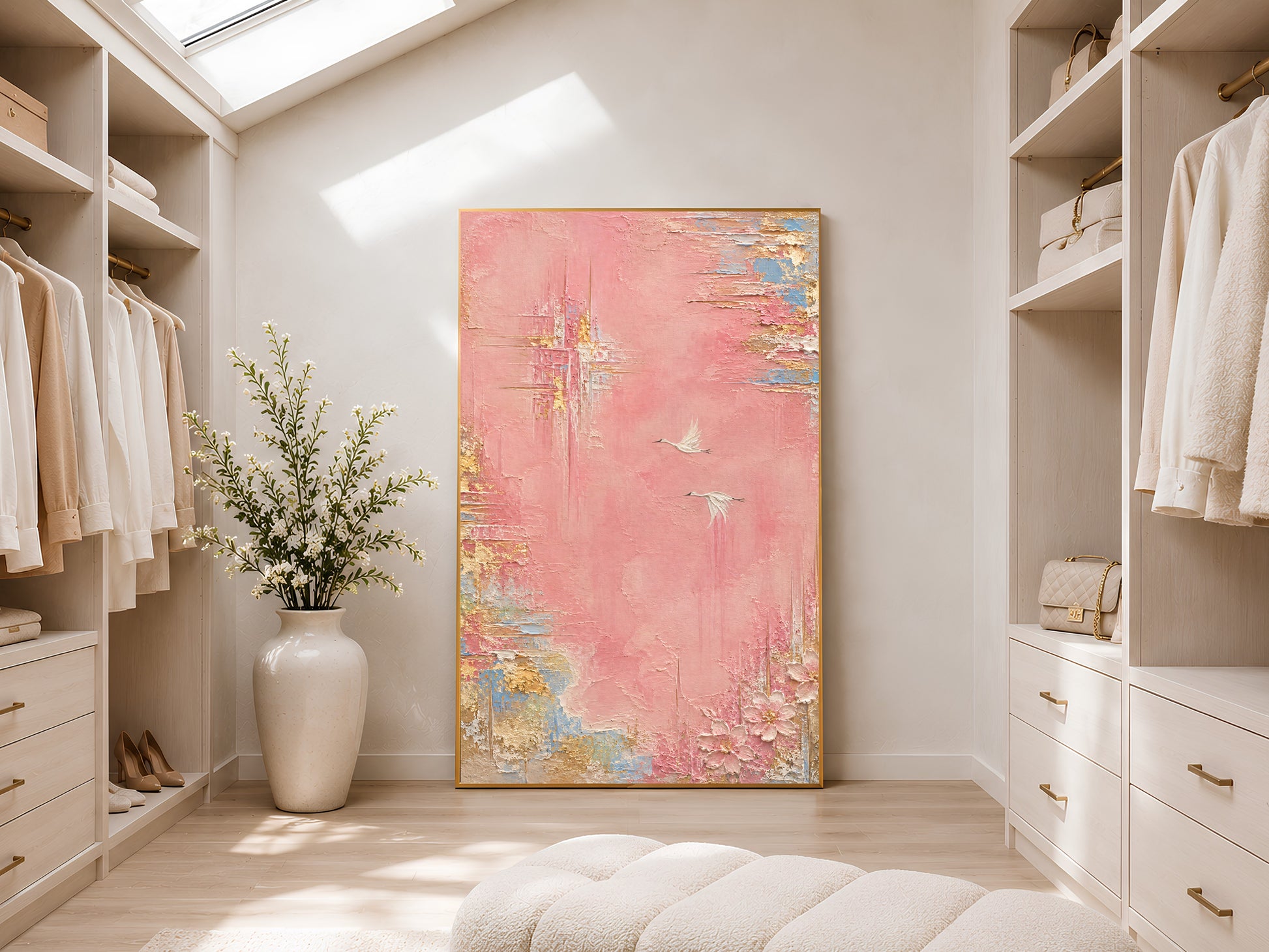 Pink and gold abstract wall art print in walk-in closet, textured crane bird painting digital download
