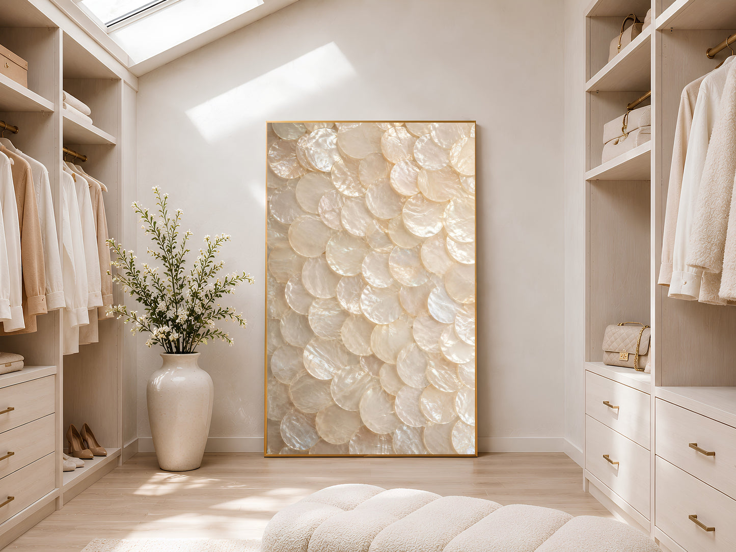 Quiet luxury capiz shell wall art printable displayed in a warm beige walk-in closet with organic modern coastal decor and soft natural light.