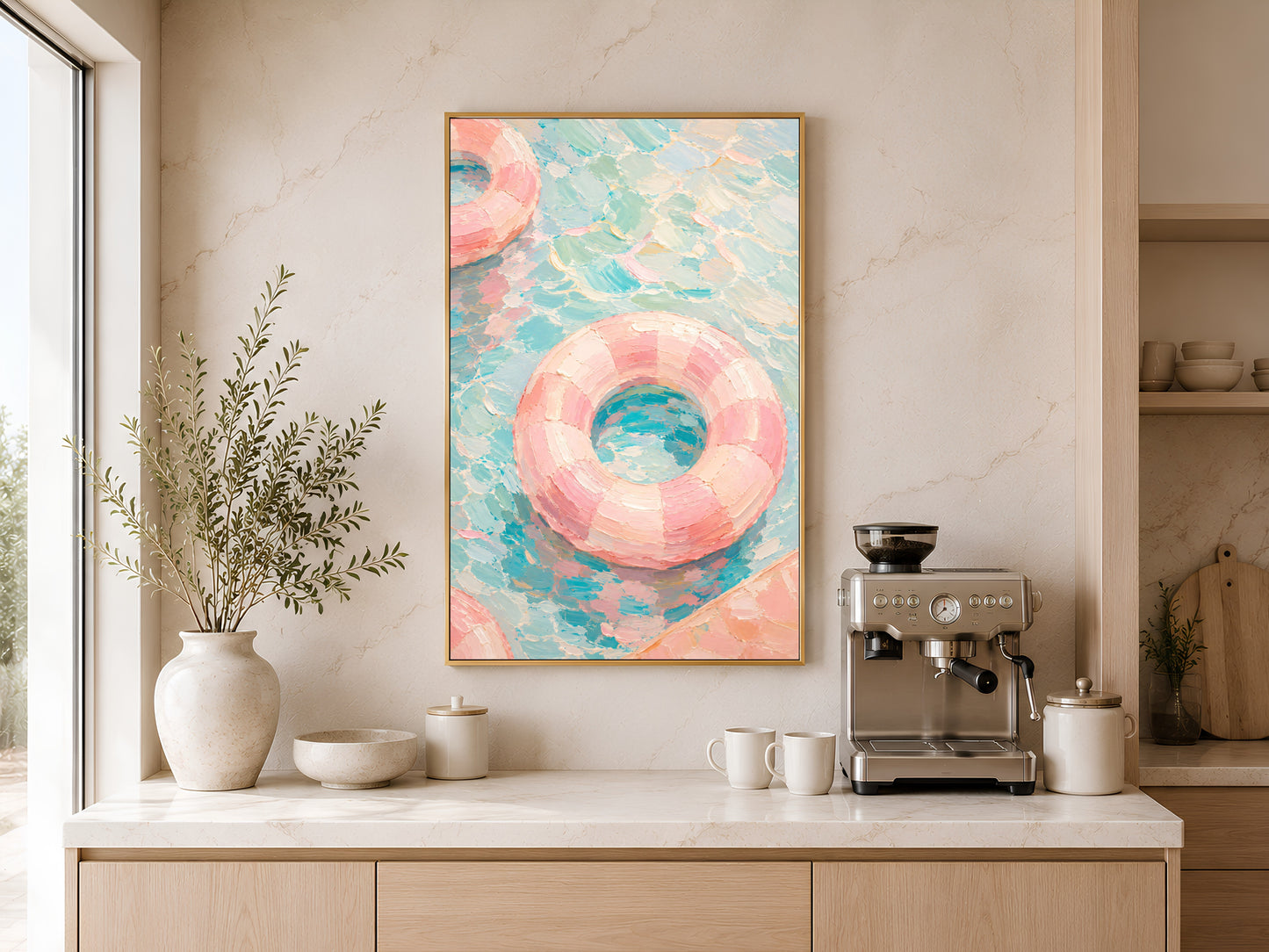 Pastel pool float print in gold frame above a wooden sideboard with coffee machine in a warm neutral kitchen