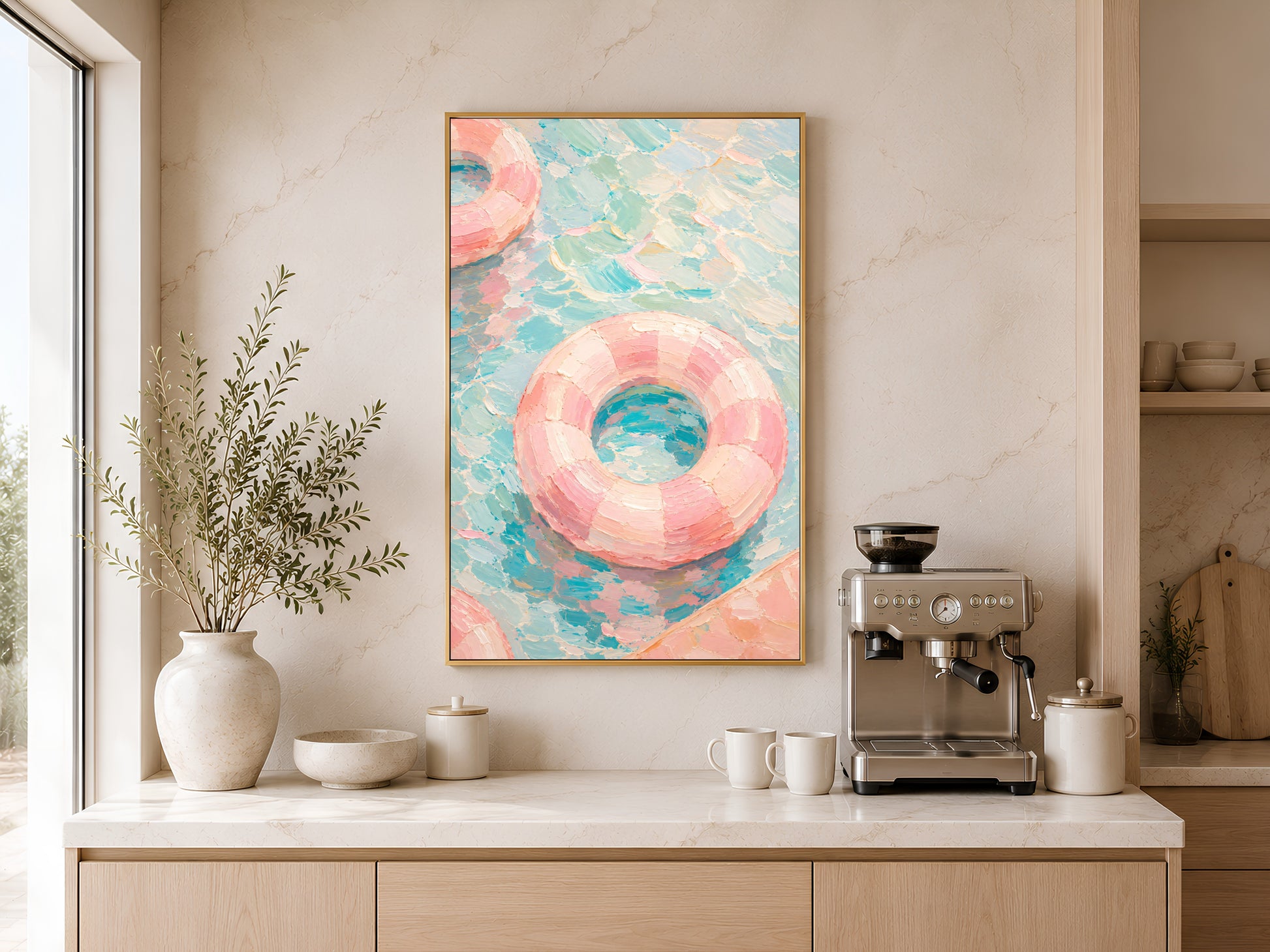 Pastel pool float print in gold frame above a wooden sideboard with coffee machine in a warm neutral kitchen