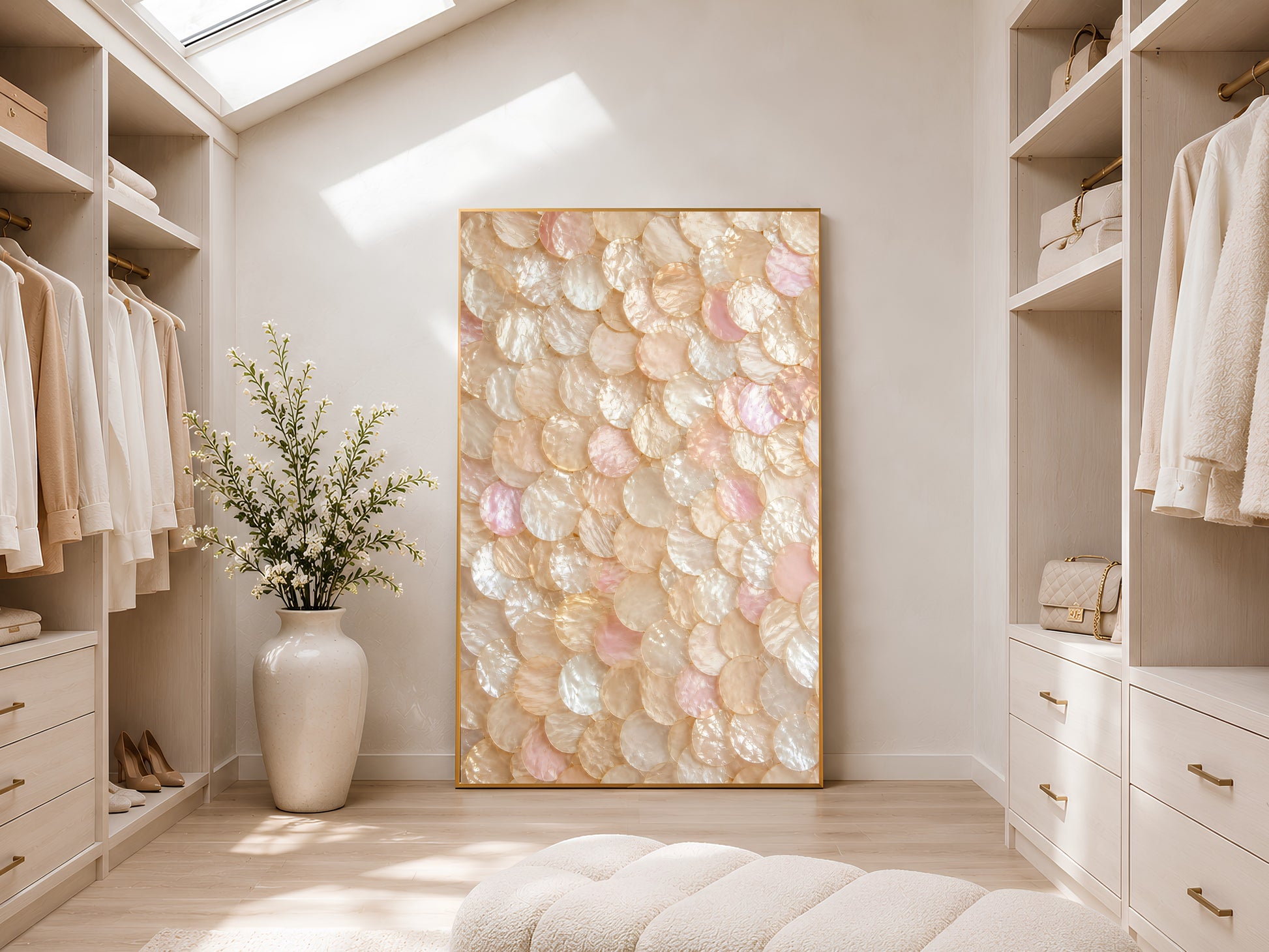 Quiet luxury blush capiz shell wall art printable styled in a luxurious neutral walk-in closet with soft coastal styling.