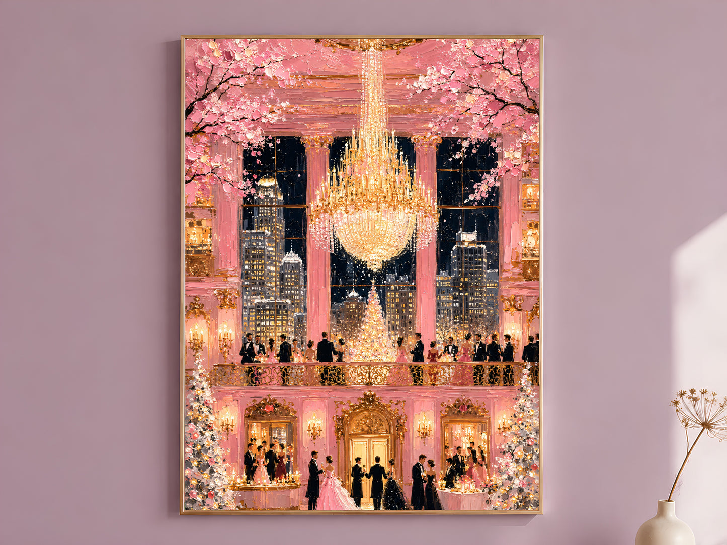 Pink fairytale ballroom chandelier impasto wall art in gold frame on mauve wall with dried flower stems
