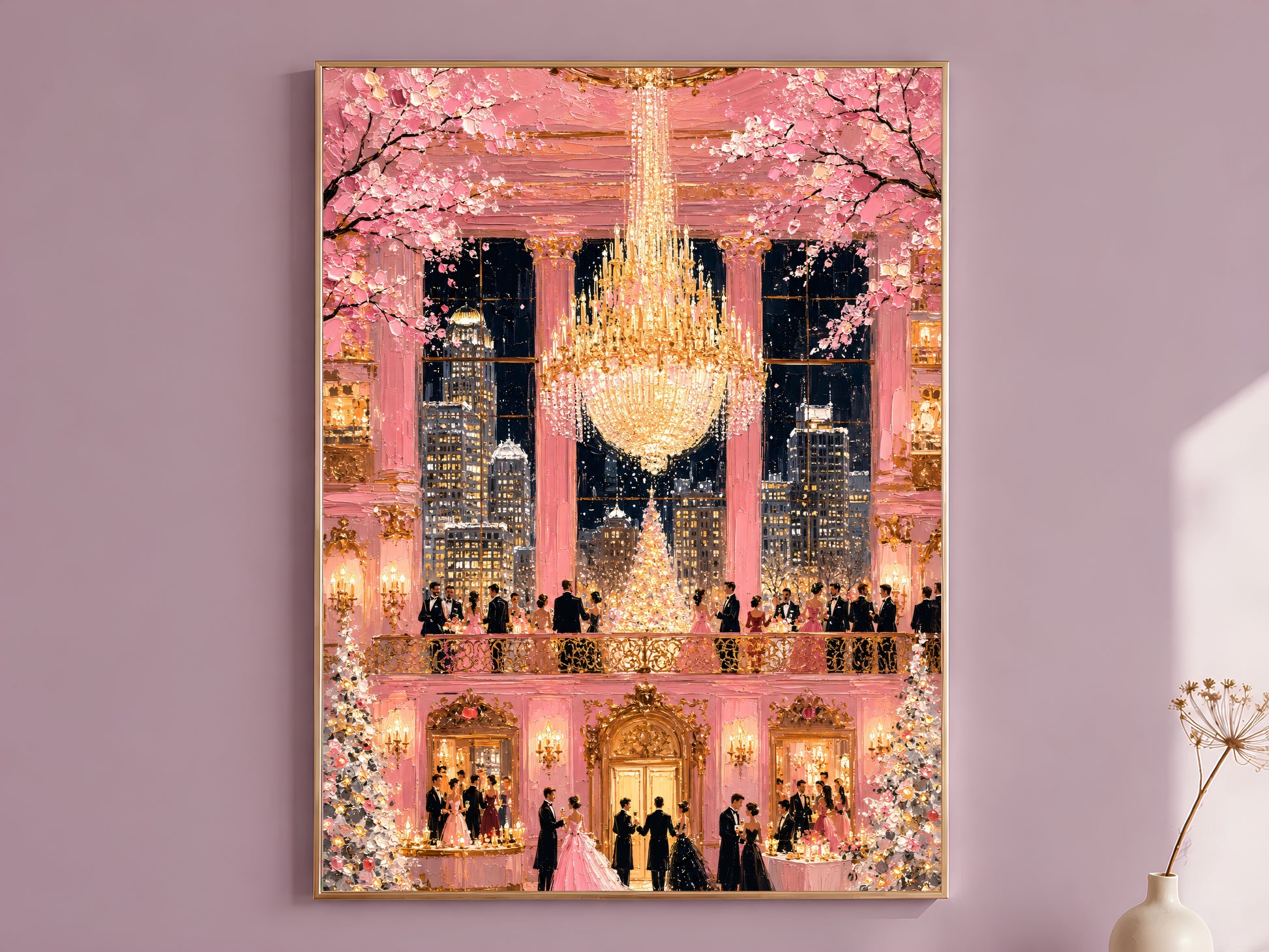 Pink fairytale ballroom chandelier impasto wall art in gold frame on mauve wall with dried flower stems
