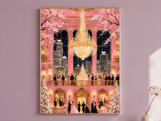 Pink fairytale ballroom chandelier impasto wall art in gold frame on mauve wall with dried flower stems
