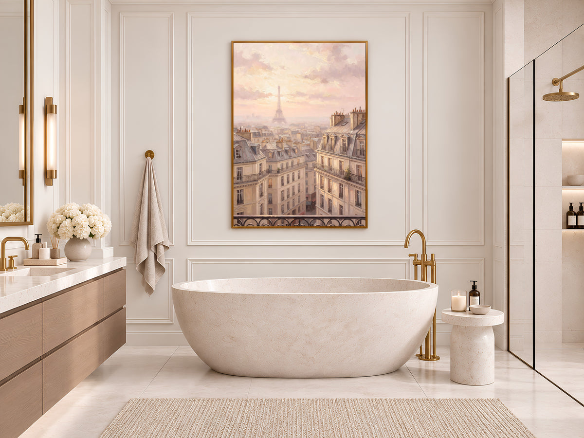 Paris Rooftops Painting Print, Pink Paris Balcony View Art, Pastel Parisian Skyline Wall Art, Printable Digital Download
