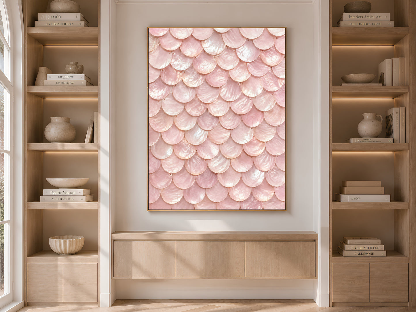 Blush pink mermaid scale wall art framed above a console table between built-in bookshelves