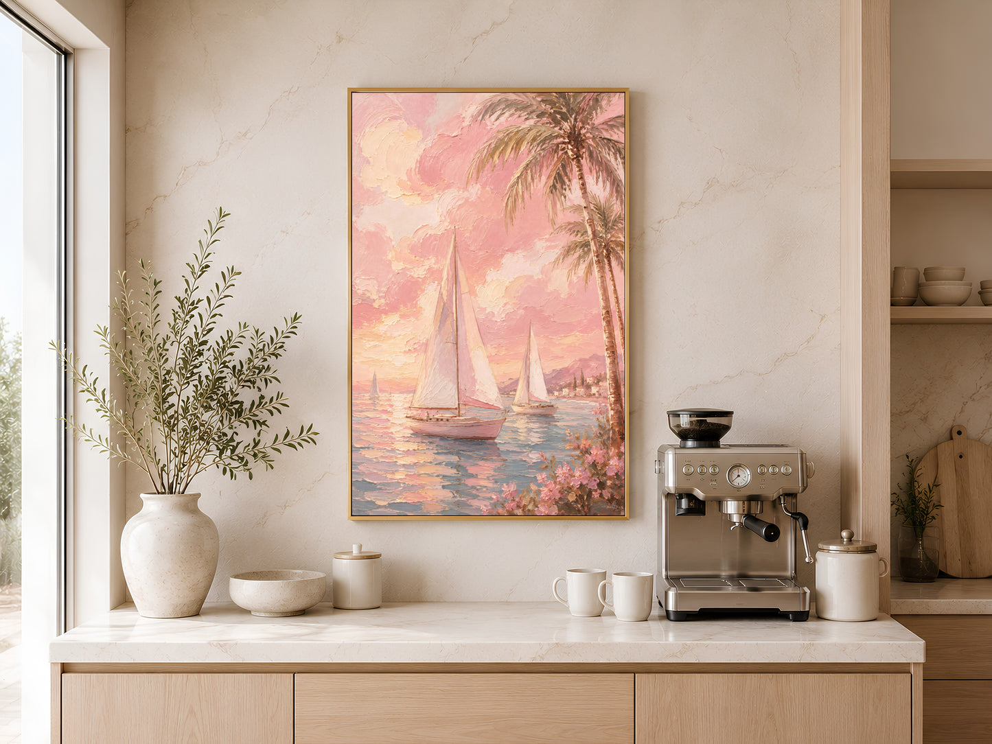 
Pink sailboat coastal painting in gold frame above a wooden sideboard with coffee machine in a warm neutral kitchen