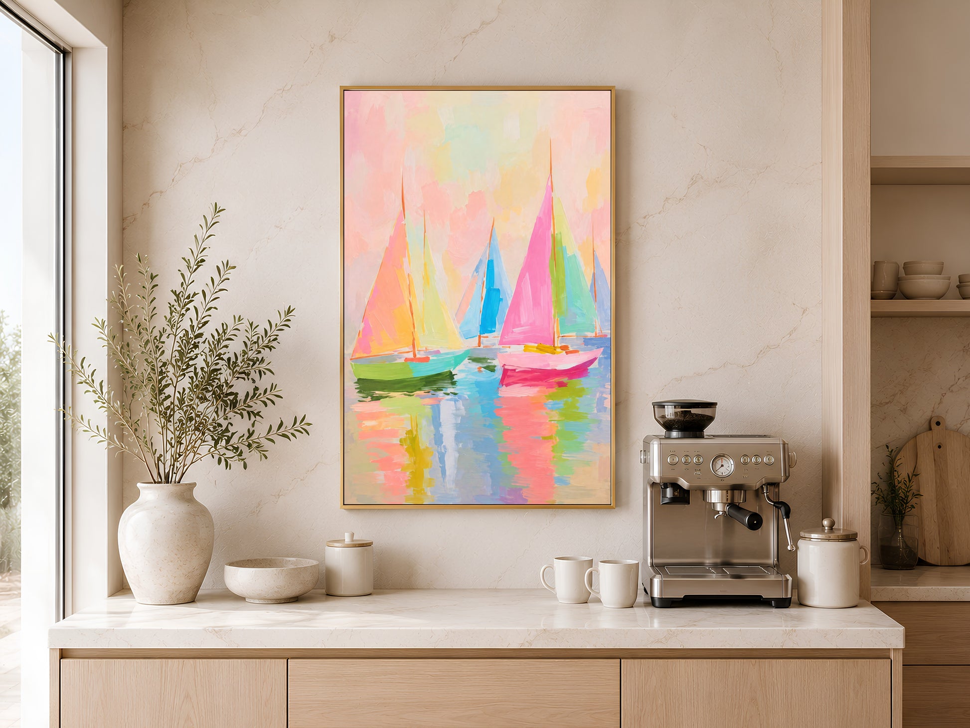 Framed impasto pastel sailboat print on warm beige wall above console table with white vases and coffee maker in minimal kitchen
