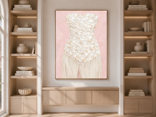 Blush pink mother of pearl wall art framed in gold, displayed within light wood built-in shelving.