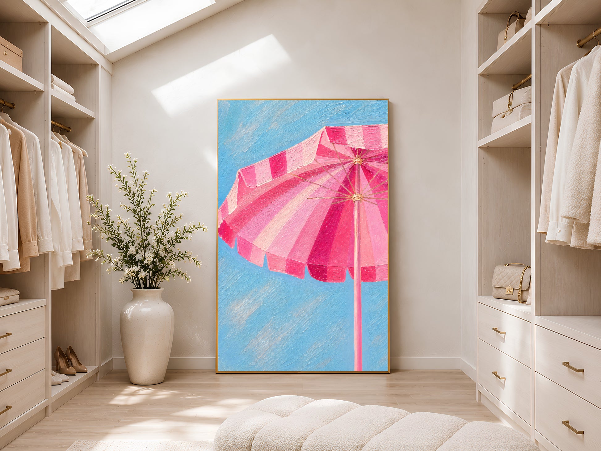 Pink beach umbrella wall art printable styled in a luxurious neutral walk-in closet with soft beige interiors and coastal-inspired decor.