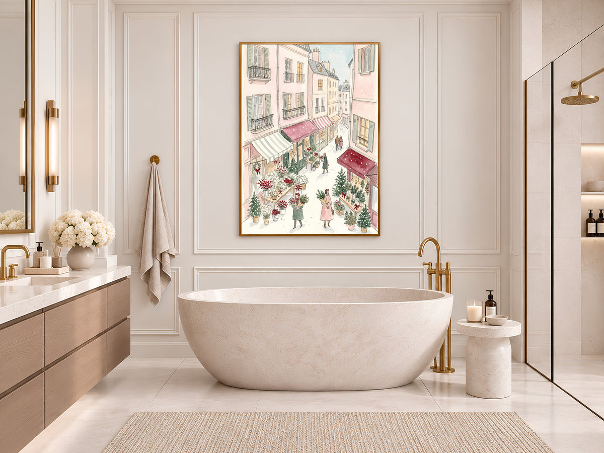 Christmas Flower Market Print, Snowy Paris Street Watercolor, Pastel Pink Holiday Art, Digital Download
