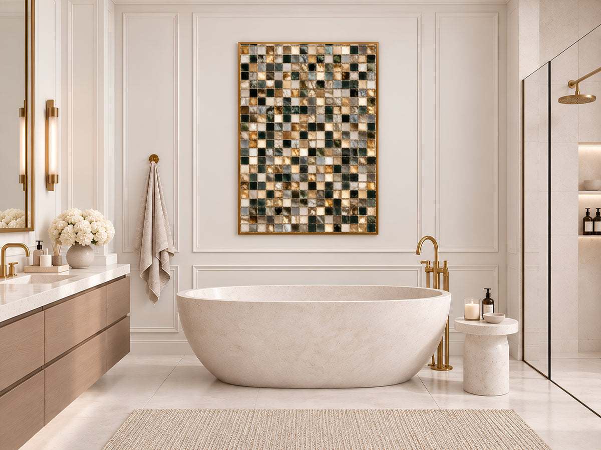 Dark Green and Gold Mosaic Tile Wall Art Print, Abstract Glass Tile Grid Painting, Printable Earthy Neutral Decor, Digital Download