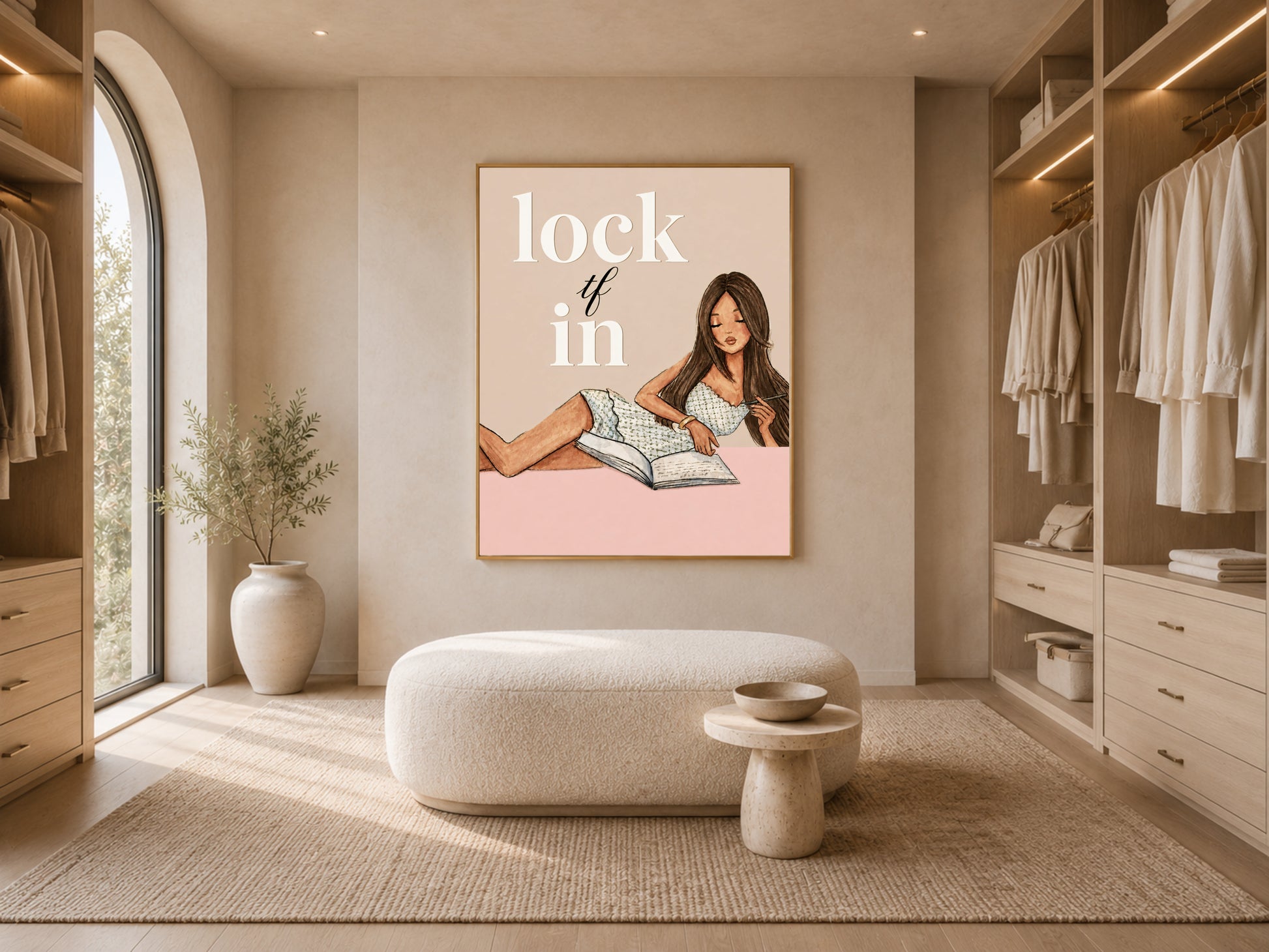 Lock TF In printable wall art displayed in a walk-in closet with arched shelving, coquette glam room decor girl journaling print