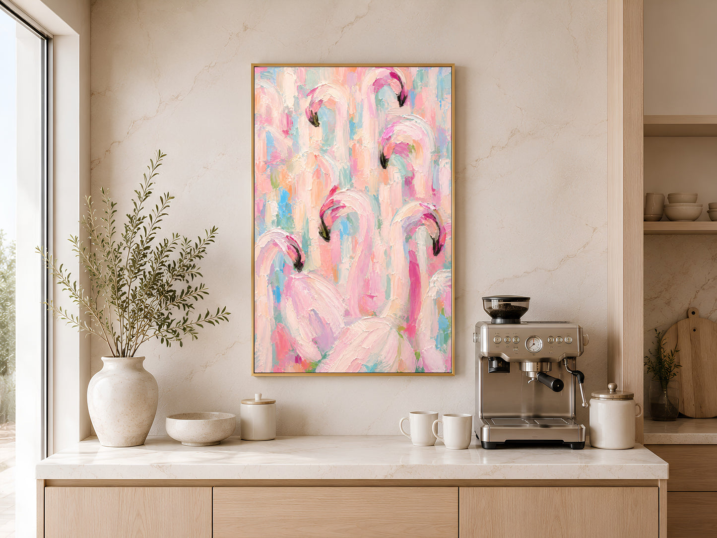 Framed impasto flamingo flock print on warm beige wall above console table with white vases and dried botanicals in minimal coastal room

