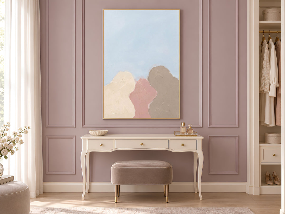 Minimalist Abstract Tree Painting, Pastel Organic Shapes Wall Art, Dusty Pink Taupe Print, Sky Blue Scandi Decor, Impasto, Instant Download