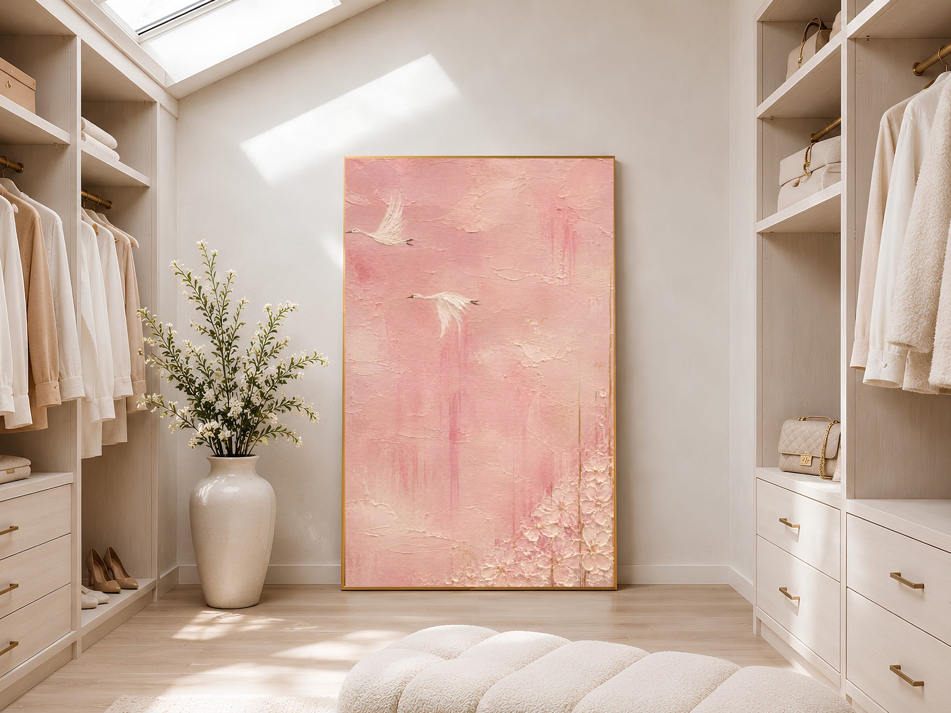 Chinoiserie crane wall art print in walk-in closet, pink impasto bird painting digital download
