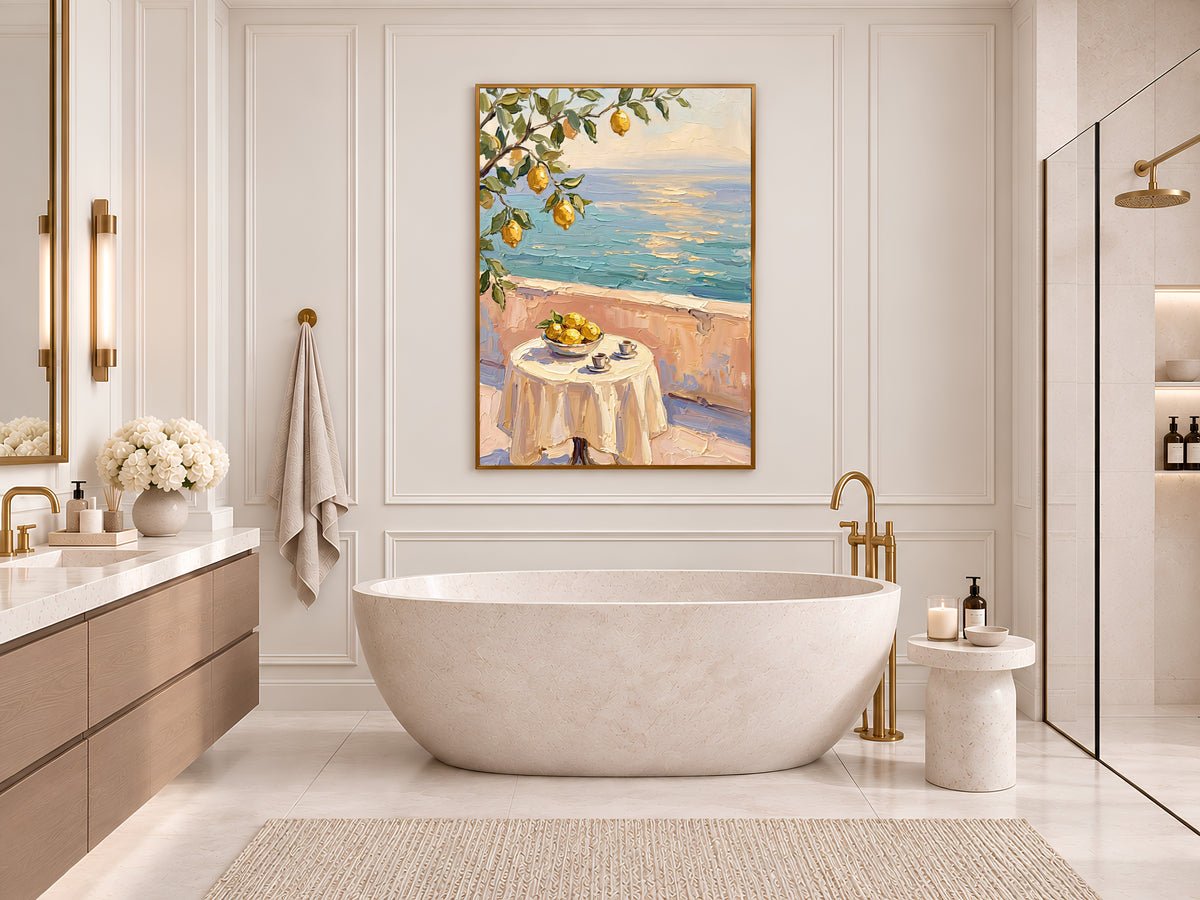 Lemon Tree Sea View Painting Print, Mediterranean Terrace Wall Art, Textured Coastal Art, Printable Digital Download