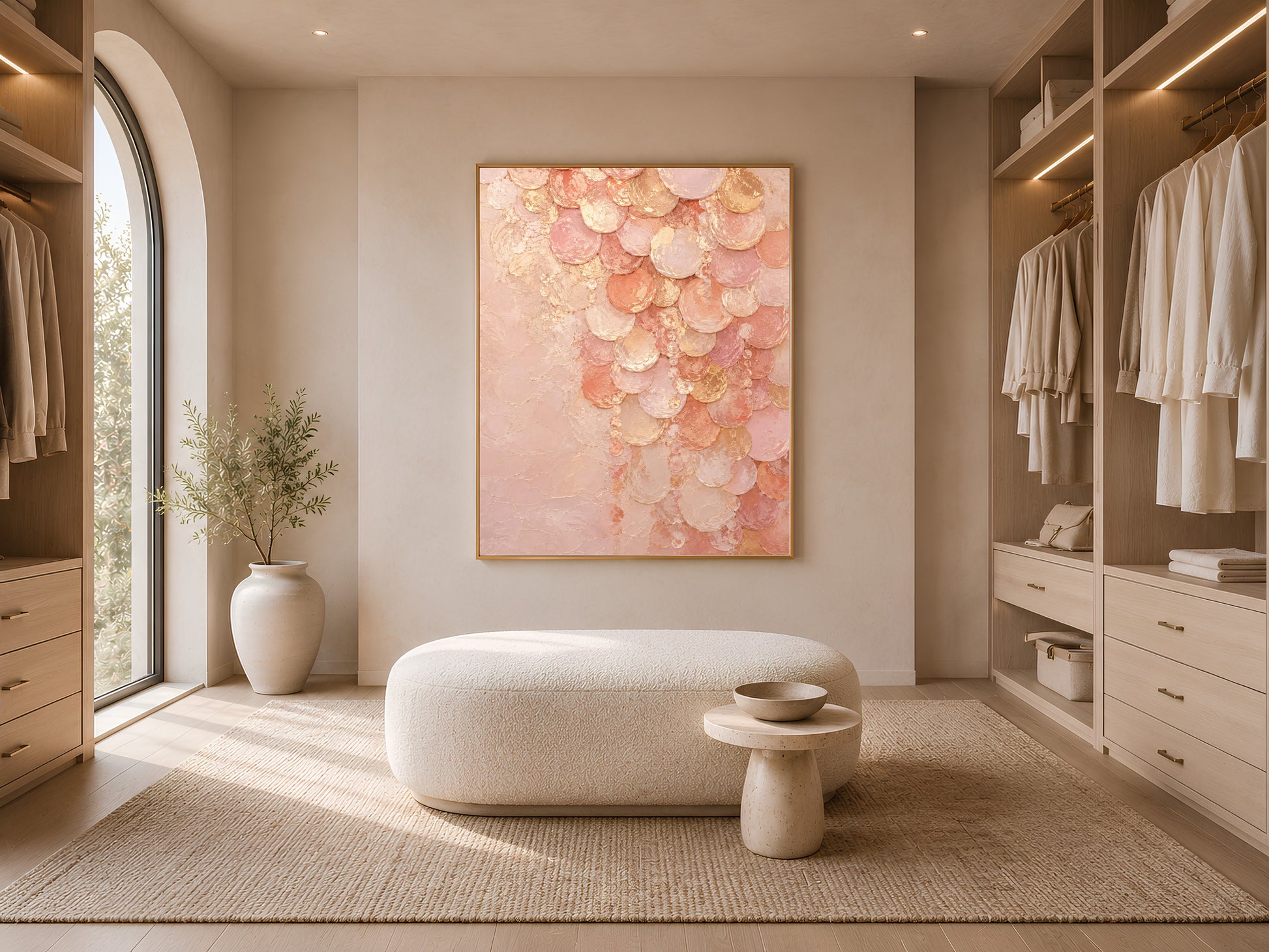 Blush pink capiz shell wall art in walk-in closet with open shelving