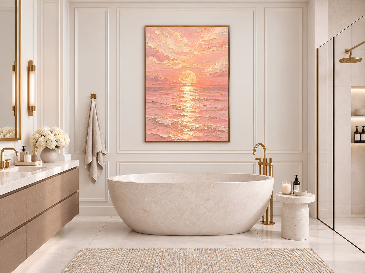 Pink Ocean Sunset Painting Print, Pastel Seascape Wall Art, Textured Coastal Art, Printable Digital Download